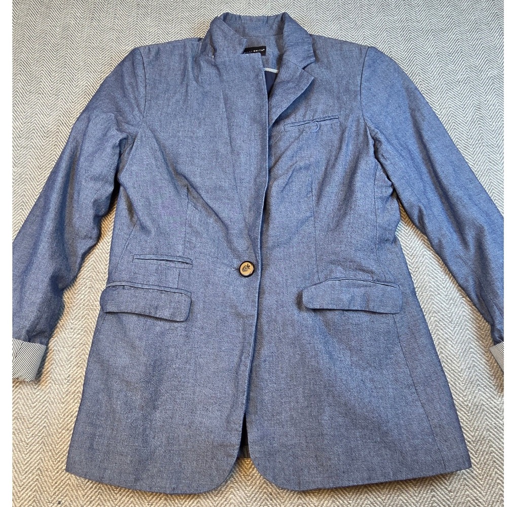 Willi Smith Blue Cotton Chambray Blazer Jacket Size M Single Button Pinstripe